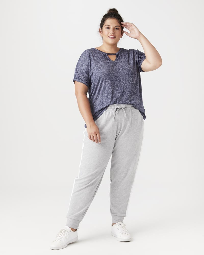 Plus size model with hourglass body shape wearing Estelle Keyhole Tee by Marc NY | Dia&Co | dia_product_style_image_id:140217